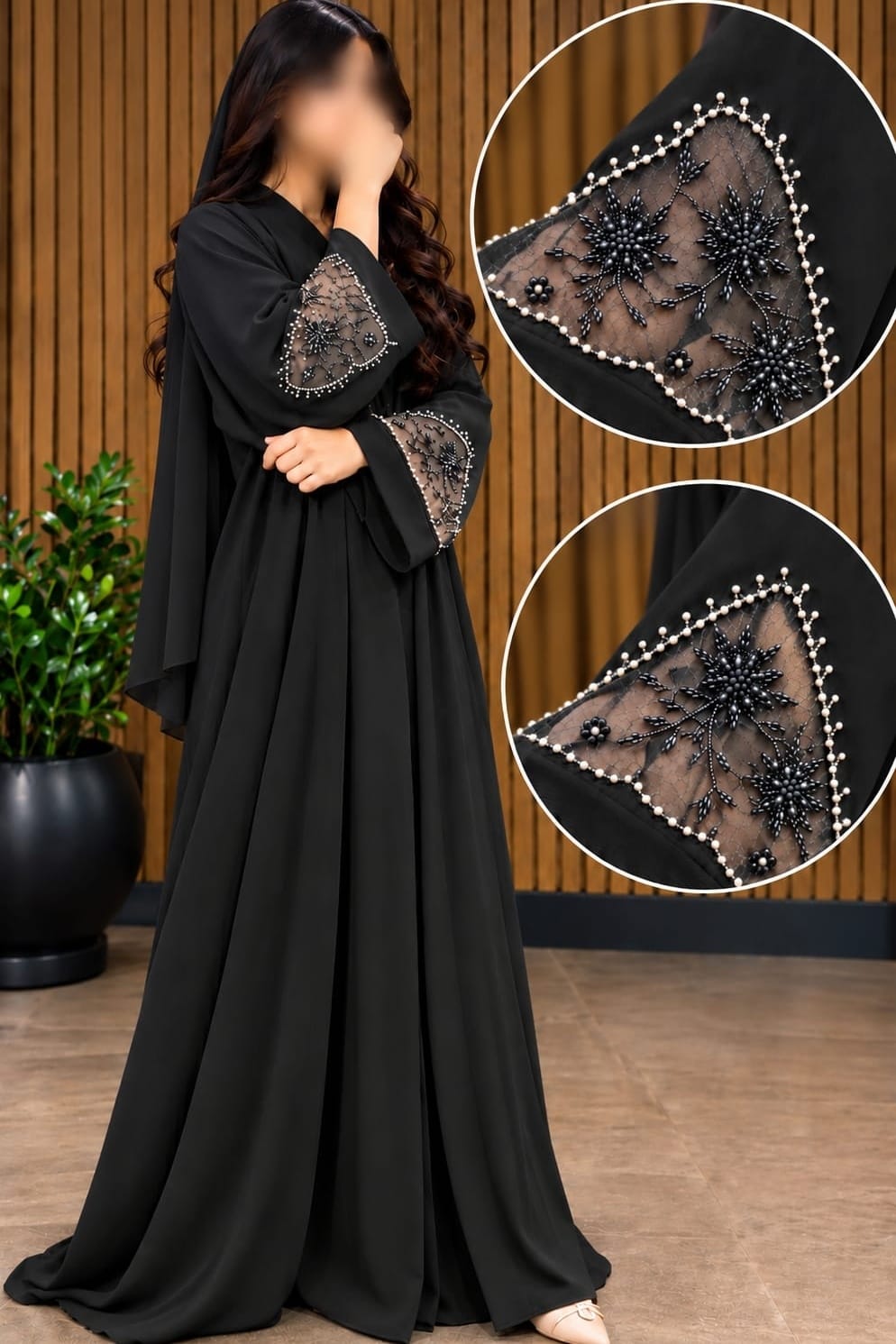 WAJHA ABAYA ORGANZA LEAF CUTDANA WORK ABAYA DESIGNER | ABDANIS
